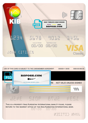 Iraq Kurdistan International bank visa classic card, fully editable template in PSD format