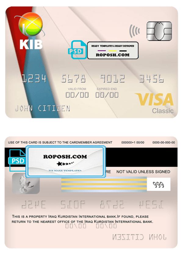 Iraq Kurdistan International bank visa classic card, fully editable template in PSD format