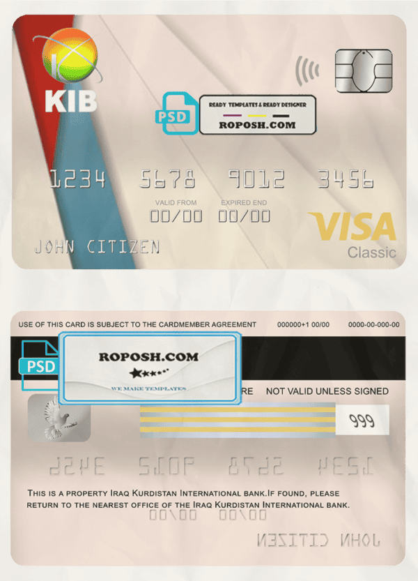 Iraq Kurdistan International bank visa classic card, fully editable template in PSD format