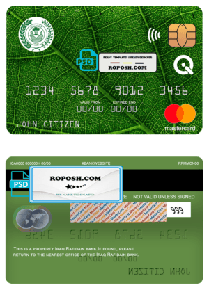 Iraq Rafidain bank mastercard, fully editable template in PSD format