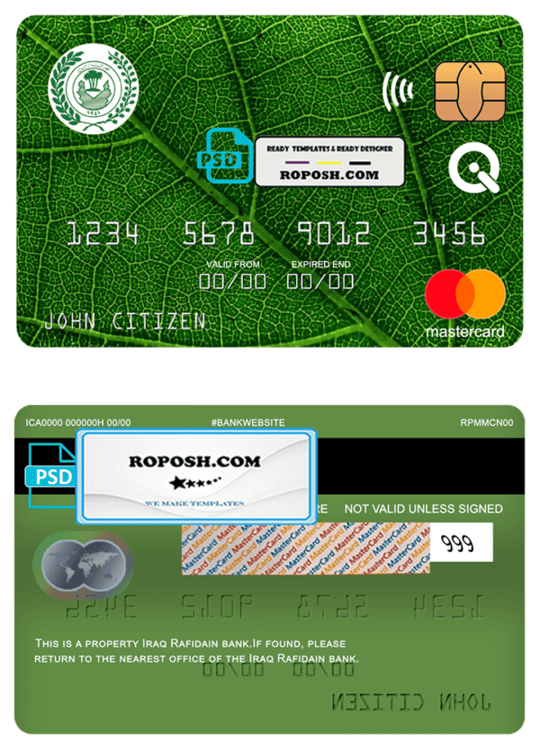 Iraq Rafidain bank mastercard, fully editable template in PSD format