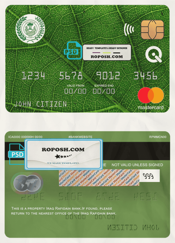Iraq Rafidain bank mastercard, fully editable template in PSD format