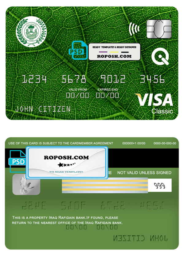 Iraq Rafidain bank visa classic card, fully editable template in PSD format