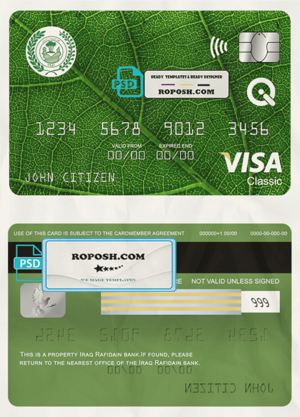 Iraq Rafidain bank visa classic card, fully editable template in PSD format