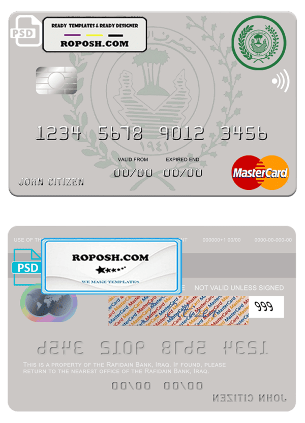 Iraq Rafidain bank mastercard card template in PSD format, version 2