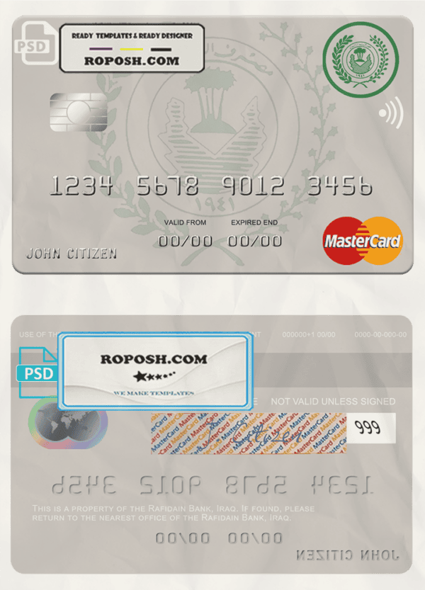 Iraq Rafidain bank mastercard card template in PSD format, version 2