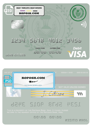 Iraq Rafidain bank visa debit card template in PSD format, fully editable