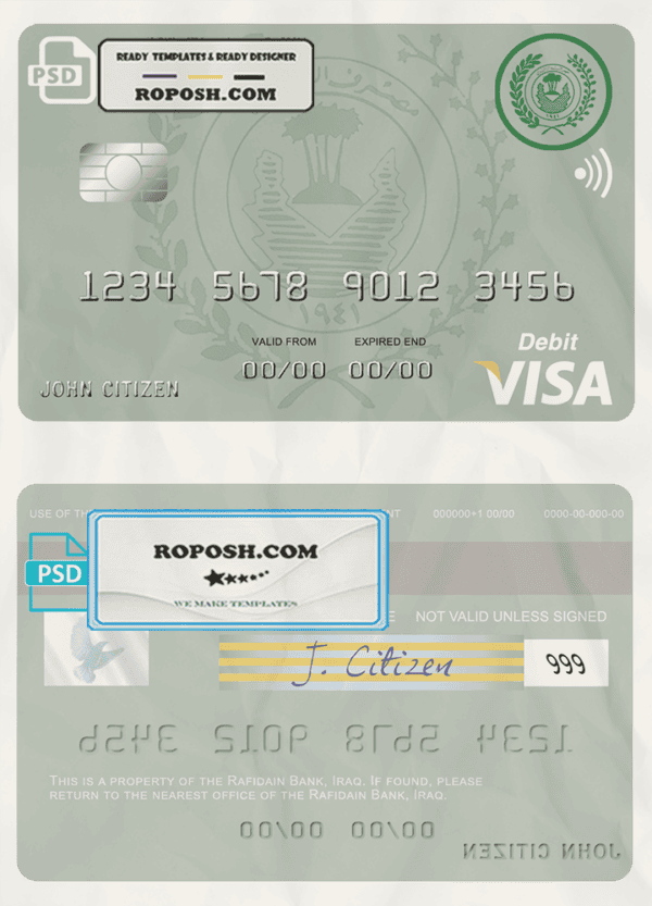 Iraq Rafidain bank visa debit card template in PSD format, fully editable