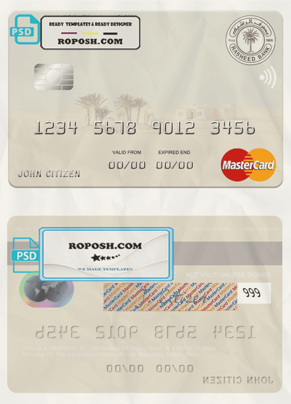 Iraq Rasheed Bank mastercard template in PSD format, fully editable
