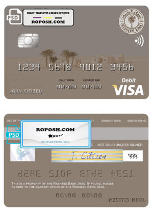 Iraq Rasheed Bank visa card template in PSD format, fully editable