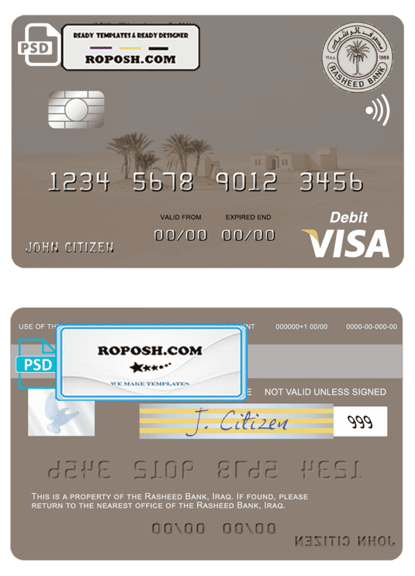 Iraq Rasheed Bank visa card template in PSD format, fully editable