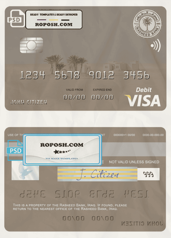 Iraq Rasheed Bank visa card template in PSD format, fully editable