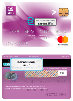 Ireland AIB bank mastercard, fully editable template in PSD format