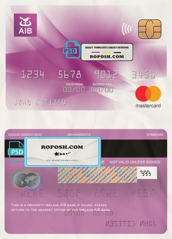Ireland AIB bank mastercard, fully editable template in PSD format