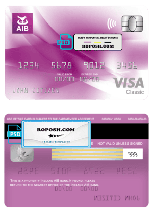 Ireland AIB bank visa classic card, fully editable template in PSD format