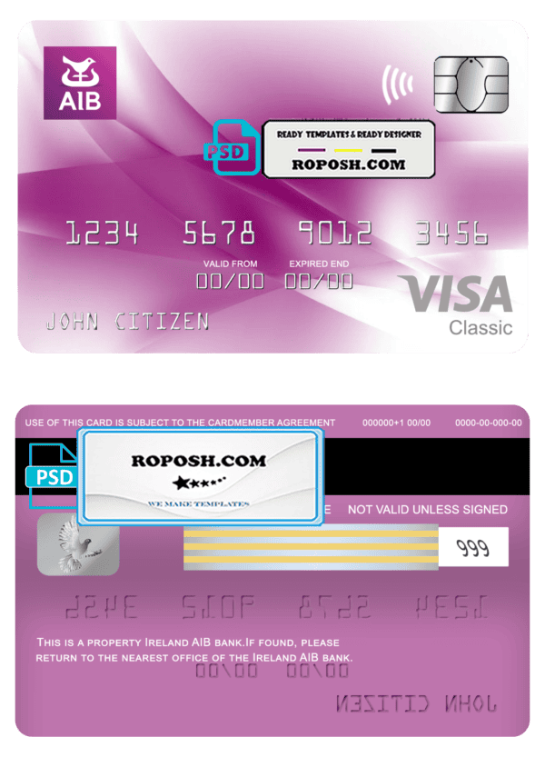 Ireland AIB bank visa classic card, fully editable template in PSD format