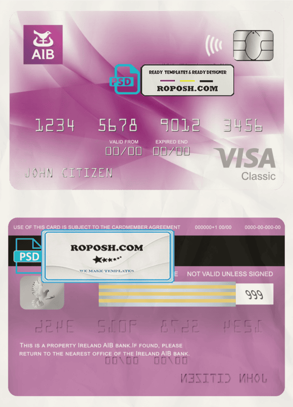 Ireland AIB bank visa classic card, fully editable template in PSD format