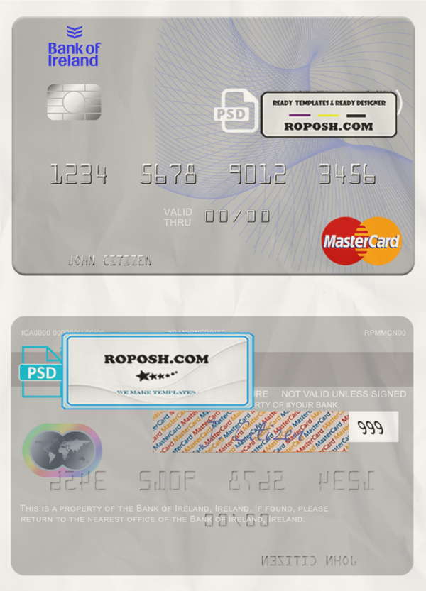 Ireland Bank of Ireland mastercard template in PSD format, fully editable scan effect