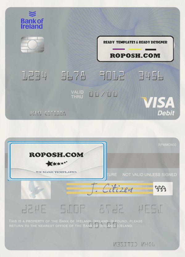 Ireland Bank of Ireland visa card template in PSD format, fully editable