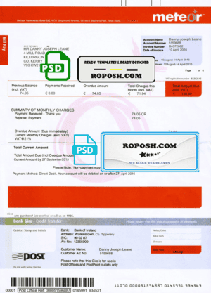 Ireland Meteor utility bill template fully editable in PSD format