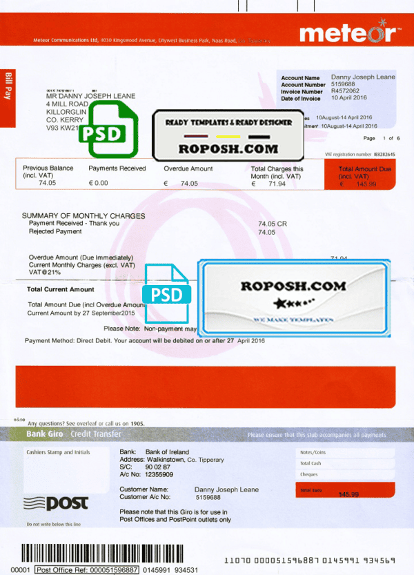 Ireland Meteor utility bill template fully editable in PSD format