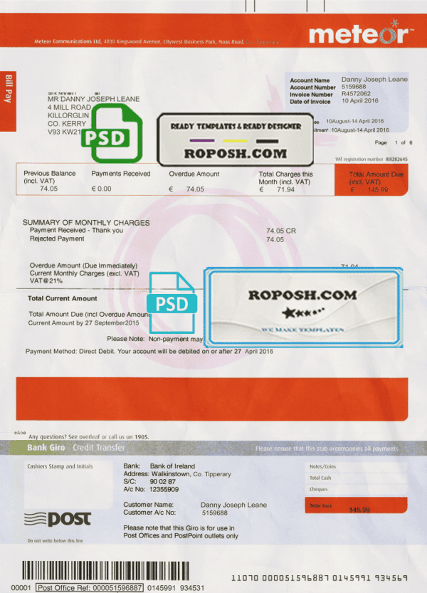 Ireland Meteor utility bill template fully editable in PSD format