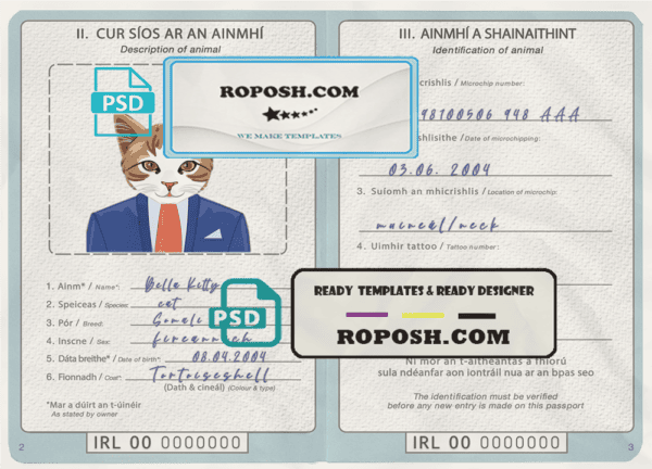 Ireland cat (animal, pet) passport PSD template, completely editable
