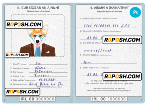 Ireland dog (animal, pet) passport template, fully editable