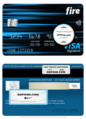 Ireland Fire Financial Services Limited the Observatory bank visa signature card, fully editable template in PSD format