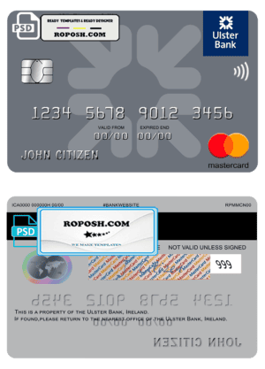 Ireland Ulster Bank Ireland mastercard template in PSD format, fully editable