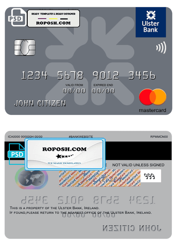 Ireland Ulster Bank Ireland mastercard template in PSD format, fully editable