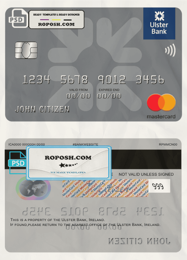 Ireland Ulster Bank Ireland mastercard template in PSD format, fully editable