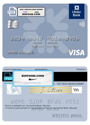 Ireland Ulster Bank Ireland visa card template in PSD format, fully editable