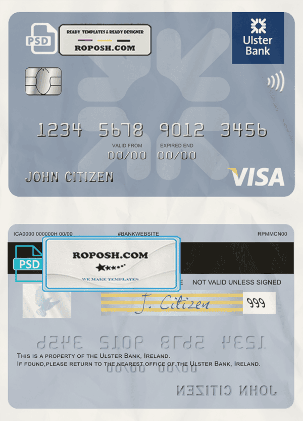 Ireland Ulster Bank Ireland visa card template in PSD format, fully editable