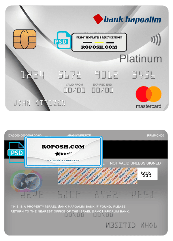 Israel Bank Hapoalim mastercard platinum, fully editable template in PSD format