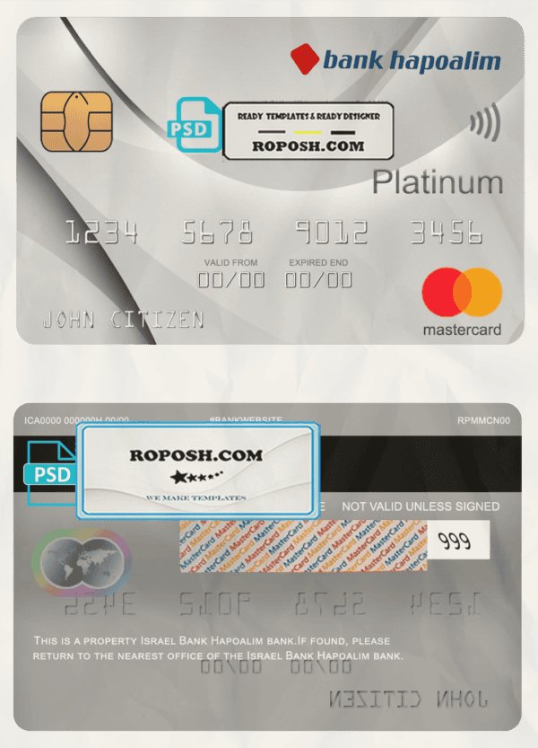 Israel Bank Hapoalim mastercard platinum, fully editable template in PSD format