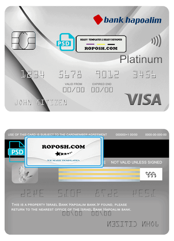 Israel Bank Hapoalim visa platinum card, fully editable template in PSD format