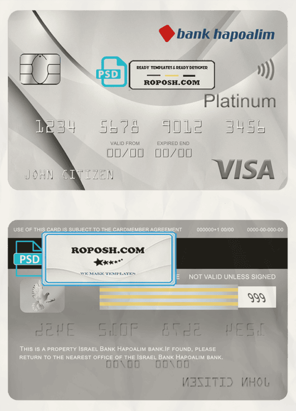 Israel Bank Hapoalim visa platinum card, fully editable template in PSD format