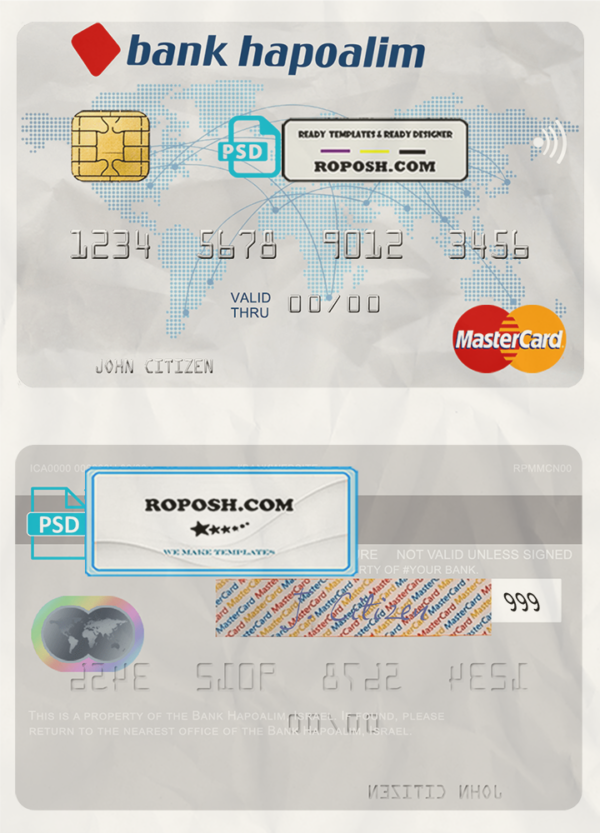 Israel Bank Hapoalim mastercard template in PSD format, fully editable scan effect