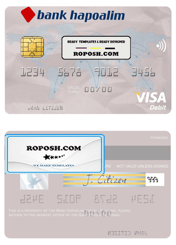 Israel Bank Hapoalim visa card template in PSD format, fully editable