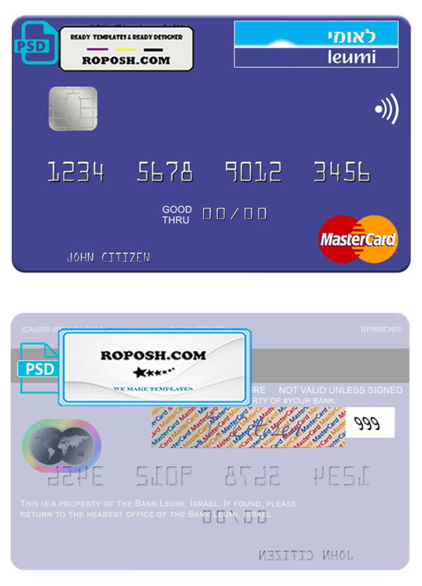 Israel Bank Leumi mastercard template in PSD format, fully editable