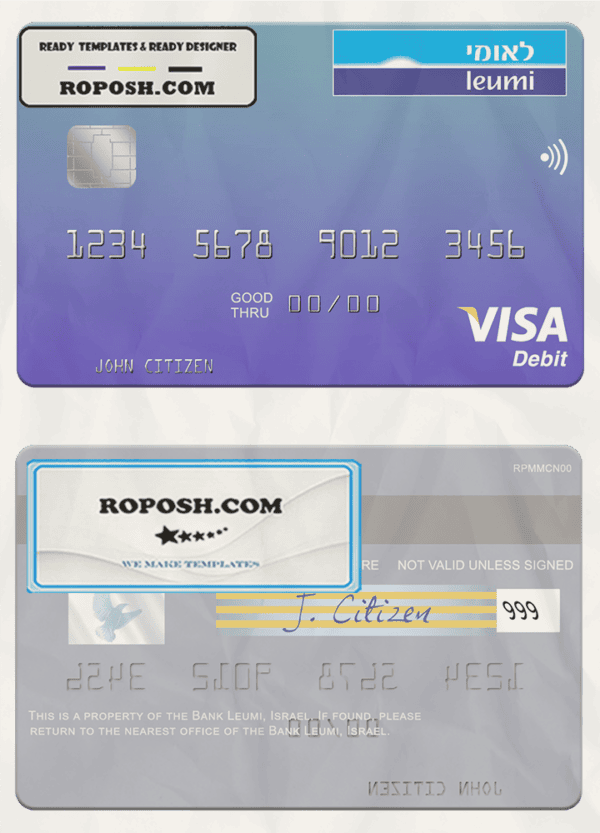 Israel Bank Leumi visa card template in PSD format, fully editable