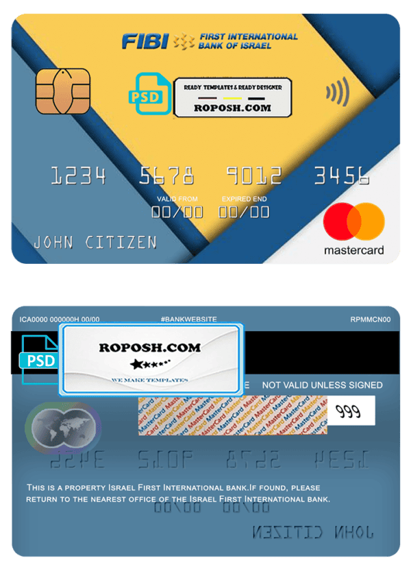 Israel First International bank mastercard, fully editable template in PSD format