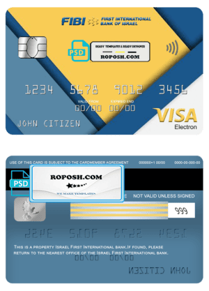 Israel First International bank visa electron card, fully editable template in PSD format