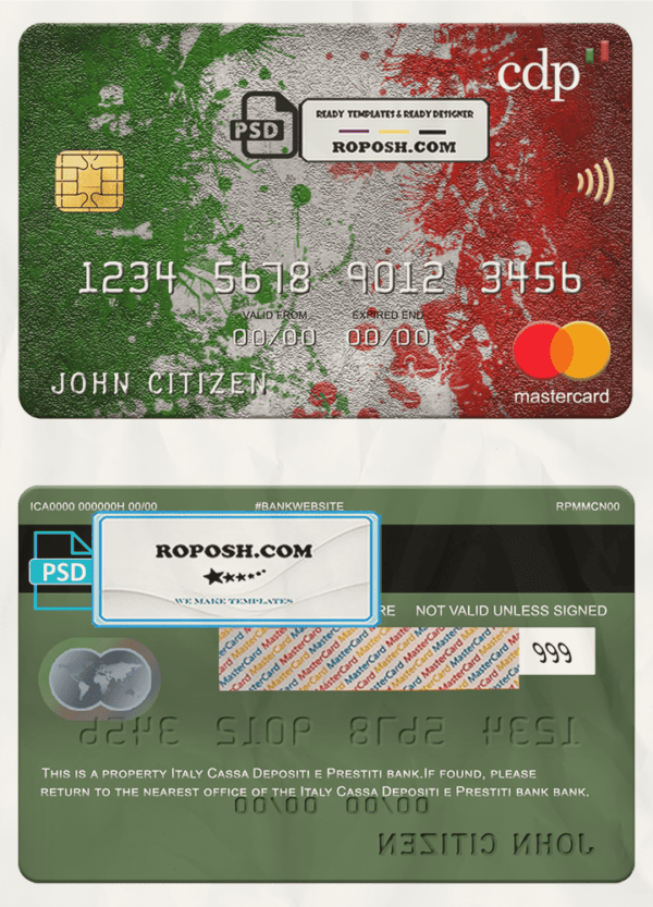 Italy Cassa Depositi e Prestiti bank mastercard, fully editable template in PSD format