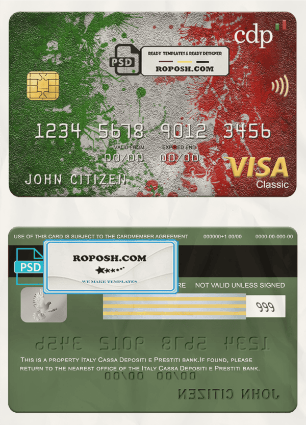 Italy Cassa Depositi e Prestiti bank visa classic card, fully editable template in PSD format