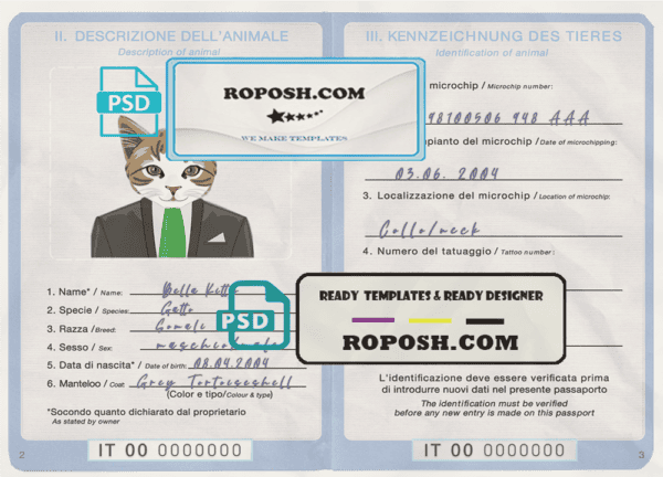 Italy cat (animal, pet) passport PSD template, fully editable