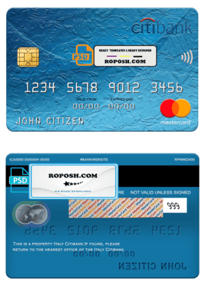 Italy Citibank mastercard, fully editable template in PSD format
