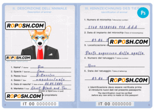 Italy dog (animal, pet) passport PSD template, completely editable