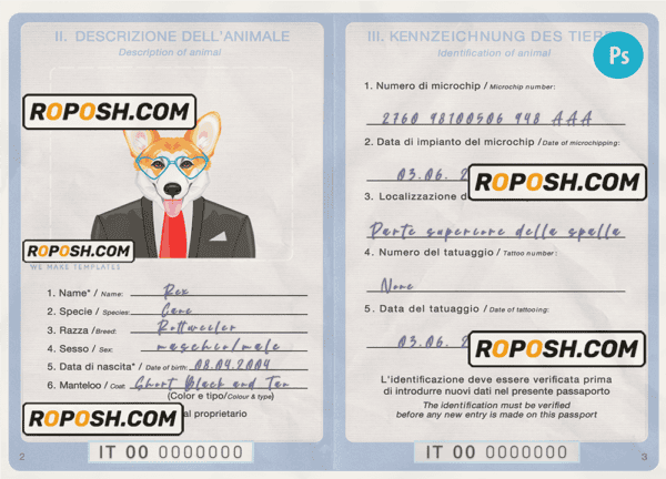 Italy dog (animal, pet) passport PSD template, completely editable
